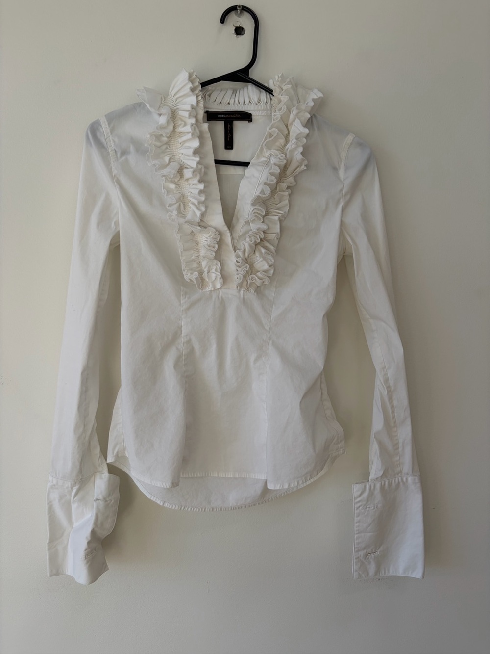 BCBGMaxAzria White Ruffle V-Neck Button-Down Blouse - Picture 3 of 9